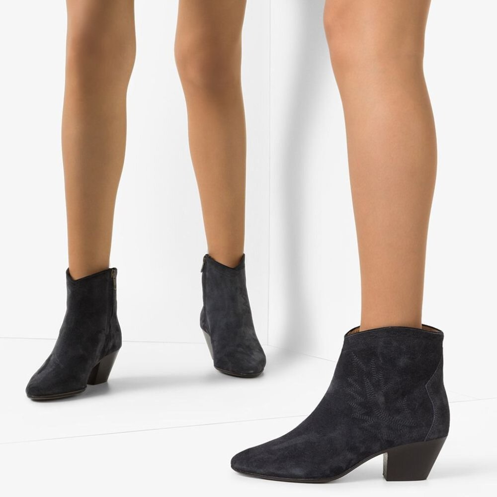 Isabel Marant Dacken Suede Western Embroidered Ankle Boots Faded Black Size 37